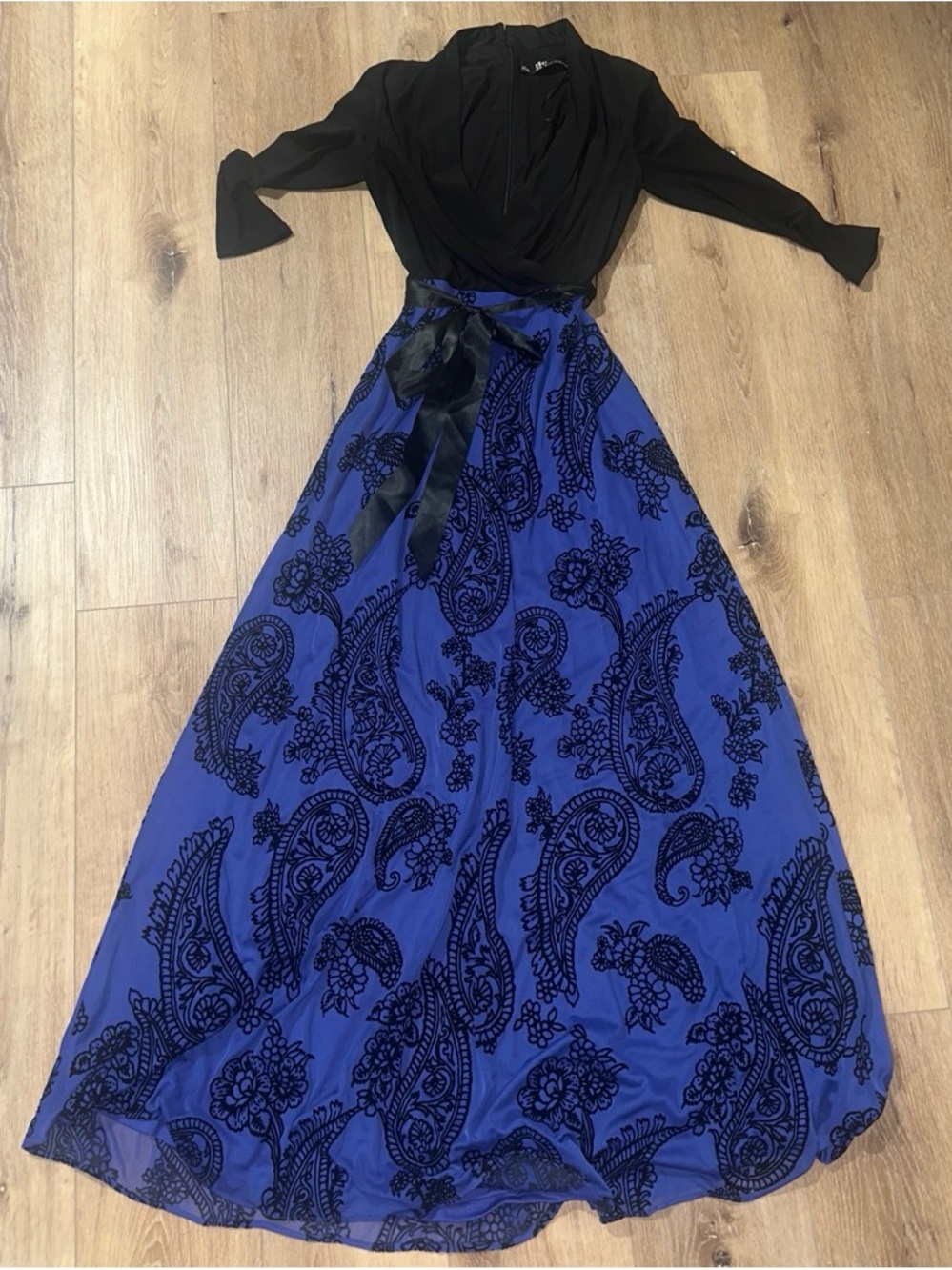 Chetta B Black Wrap Top with Royal Blue & Black Paisley Maxi Skirt